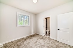 Neutral wall paint, plush carpeting, white trim, white interior doors with matte black hardware, and a window providing natural illumination - 