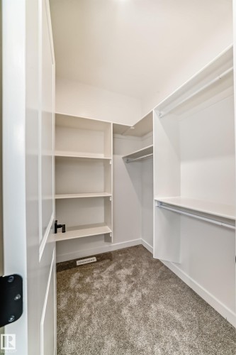 Walk-in closet featuring carpet flooring, built-in shelving, and clothes rods - 47 Meadowgrove Lane, Spruce Grove, AB 