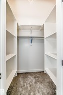 Recessed ceiling lighting illuminates a walk-in closet featuring white built-in shelving, a hanging rod, and carpet flooring - 