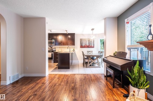 Wood-finish flooring, arched doorway, kitchen island with built-in sink, stainless steel appliances, and track lighting - 38 Dubonnet Way, St. Albert, AB 