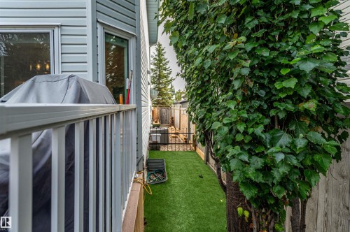 Siding exterior with multiple windows, leading to a landscaped side yard featuring artificial turf and wood fencing - 38 Dubonnet Way, St. Albert, AB 
