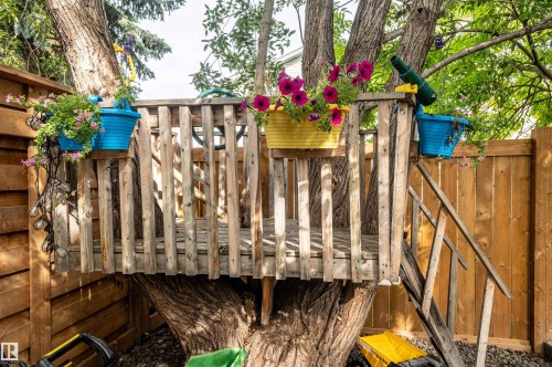 Wood-constructed treehouse with a slatted railing and integrated ladder - 38 Dubonnet Way, St. Albert, AB 