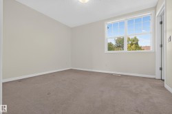 Neutral-toned wall finish, expansive window, white window trim, matching white baseboards, and carpeted flooring - 