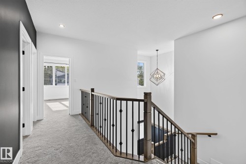 Carpeted hallway with white walls and dark accent wall, featuring a wood and iron baluster staircase - 22 Sydwyck Circle, Spruce Grove, AB 
