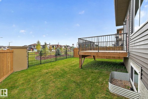 Elevated wood deck with black metal railings, expansive green lawn, wood privacy fence, and black metal perimeter fencing - 22 Sydwyck Circle, Spruce Grove, AB 