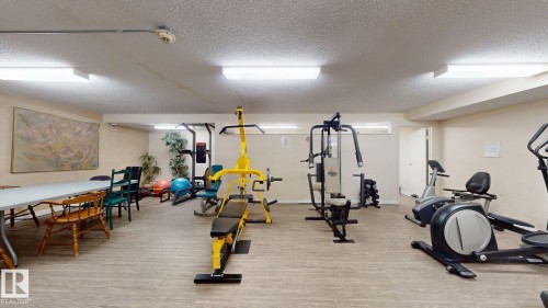 Recreation room featuring wood-finish flooring, fluorescent lighting, and painted walls - #307 10140 120 Street Nw, Edmonton, AB - Indoor Photo Showing Gym Room