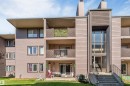 Multi-story exterior with horizontal siding, multiple balconies, a ground-level patio, prominent central entrance, and a concrete staircase with metal railings - #101 49 Akins Dr, St. Albert, AB 