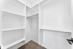 Built-in shelving, multiple hanging rods, and neutral-toned carpet flooring provide ample storage - 