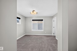 Wall-to-wall carpeting, overhead ceiling light fixture, white trim, and a paneled door - 
