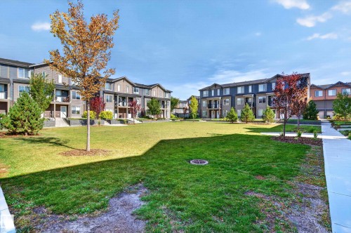 Central green space with a manicured lawn, mature trees, and a paved pathway system, surrounded by multi-story residential buildings featuring balconies and varied exterior finishes - #44 3025 151 Av Nw, Edmonton, AB 