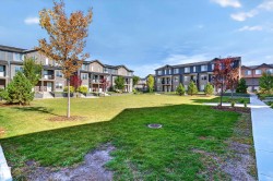 Central green space with a manicured lawn, mature trees, and a paved pathway system, surrounded by multi-story residential buildings featuring balconies and varied exterior finishes - 