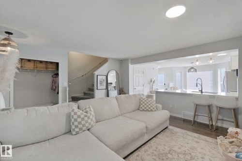 Open concept living space with wood-finish flooring - 8535 Ellis Link Link Nw, Edmonton, AB 