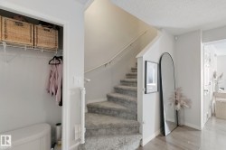 Carpeted staircase with white handrail, recessed wall niche, and wood-finish flooring in the entryway - 