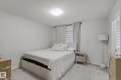 Textured ceiling, wall-mounted light fixture, light gray walls, window with blinds and drapes, and light gray carpeting - 8535 Ellis Link Link Nw, Edmonton, AB 