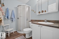 Compact bathroom featuring a corner shower enclosure, white vanity with integrated sink, wood-finish flooring, and a mirrored medicine cabinet - 