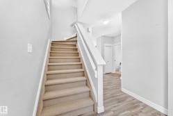 Carpeted staircase with white railings, light wood-finish flooring, and light wall finishes - 