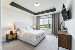 Tray ceiling with accent paint, large window with outdoor scenery, wall-mounted television, and light-colored carpet flooring - 