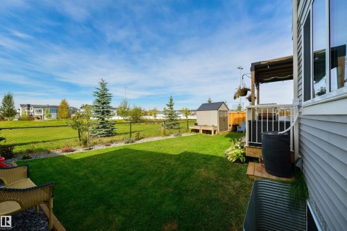 Expansive backyard featuring a manicured lawn, established landscaping, a storage shed, and a wooden deck - 1032 Berg Place, Leduc, AB 