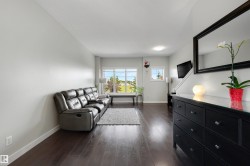 Dark wood-finish flooring with light wall tones and large windows - 