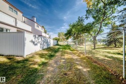 Expansive backyard featuring a manicured lawn, established trees, chain link fencing, and a privacy fence - 