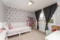 Neutral wall color with a floral accent wall, window with dark drapes, and plush carpet flooring - 