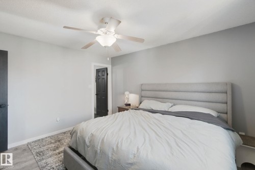 Light gray walls with a ceiling fan, wood-finish flooring, and black interior doors - 38 Menalta Place, Cardiff, AB 