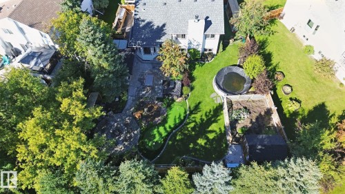 Expansive backyard featuring a stone patio, manicured lawn, and mature trees - 38 Menalta Place, Cardiff, AB 