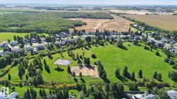 Expansive green spaces featuring mature trees, a multi-sport court, and a playground - 