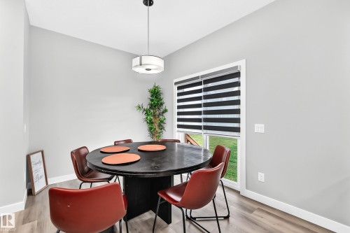 Vaulted ceiling with a contemporary pendant light fixture, wood-finish flooring, and a large window with privacy blinds - 2415 194 Street Nw, Edmonton, AB 