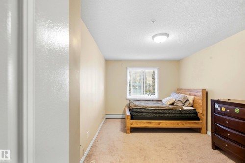 Neutral wall paint, window with white frame, carpeted flooring, and ceiling-mounted light fixture - #203 245 Edwards Dr Sw, Edmonton, AB 