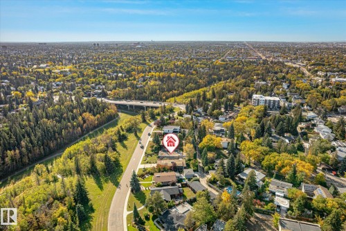 Aerial perspective of a verdant neighborhood with extensive tree coverage and residential properties - 13862 Ravine Drive Nw, Edmonton, AB 