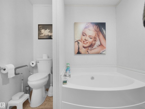 Corner soaking tub, white toilet, and wood-finish flooring - 52 Evergreen Park Northwest, Edmonton, AB 