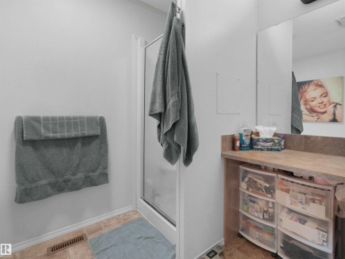 Glass-enclosed shower with white framing, vanity with integrated countertop, and large wall-mounted mirror - 52 Evergreen Park Northwest, Edmonton, AB 