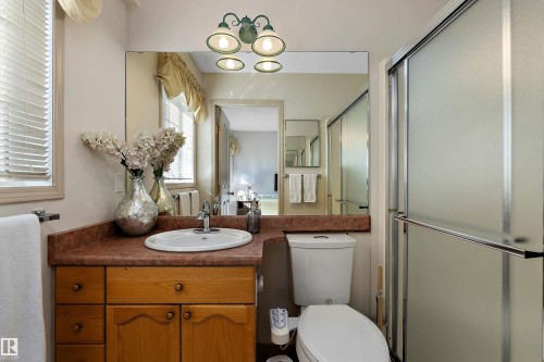 Recessed oval sink with a chrome faucet, wood vanity with cabinet storage, full-width wall mirror, and a shower enclosure with frosted sliding doors - 1046 Blackburn Close Sw, Edmonton, AB 