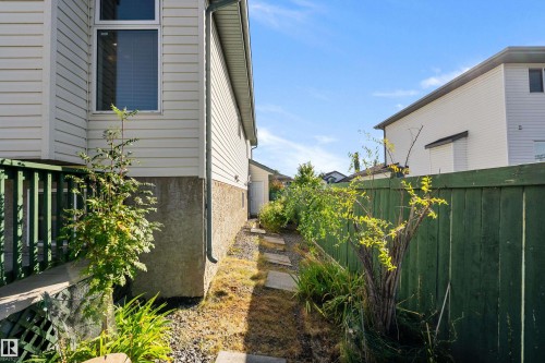 Side yard with a stone paver pathway, green privacy fence, and mature shrubs - 1046 Blackburn Close Sw, Edmonton, AB 