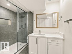 Glass-enclosed shower with dark gray tile surround and integrated niche - 