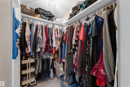 Walk-in closet featuring carpeted flooring, white walls, and built-in shelving and hanging rods - 1920 145 Avenue Nw, Edmonton, AB 