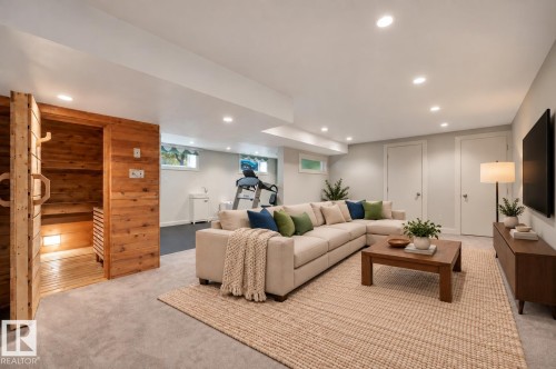 Basement level looking toward cedar sauna and workout area. Virtually staged for inspiration. - 895 Lee Ridge Road Nw, Edmonton, AB 
