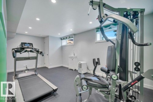 Workout area with rubberized flooring, sink, and exercise equipment (all included in the sale) - 895 Lee Ridge Road Nw, Edmonton, AB 