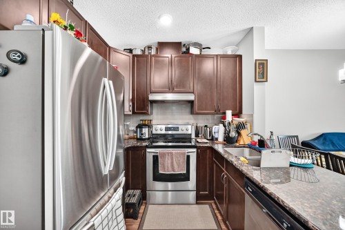 Stainless steel appliances, wood-finish cabinetry, built-in dishwasher, and a double-basin sink - #404 12804 140 Av Nw, Edmonton, AB 