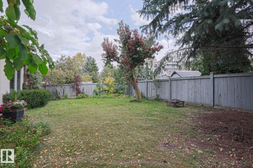 Expansive backyard featuring a natural lawn, mature trees, and a perimeter wooden fence - 995 Ogilvie Boulevard Nw, Edmonton, AB 