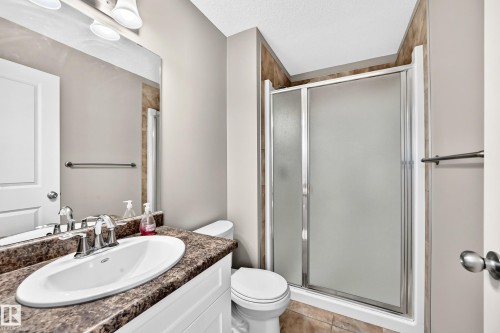 Vanity with undermount sink and mottled countertop, chrome faucet, wall-mounted mirror, and enclosed shower with frosted glass panels - 21 Silverstone Drive, Stony Plain, AB 