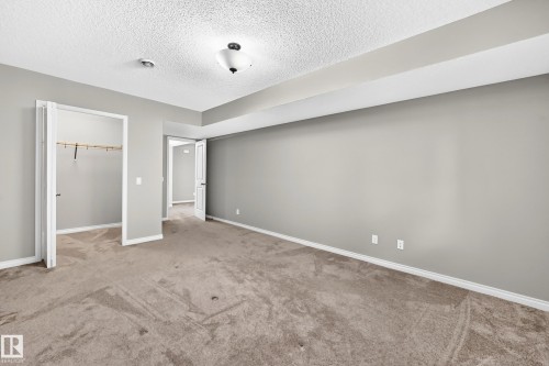 Neutral tone wall paint, textured ceiling, brown carpet flooring, built-in closet with hanging rod, and ceiling-mounted light fixture - 21 Silverstone Drive, Stony Plain, AB 