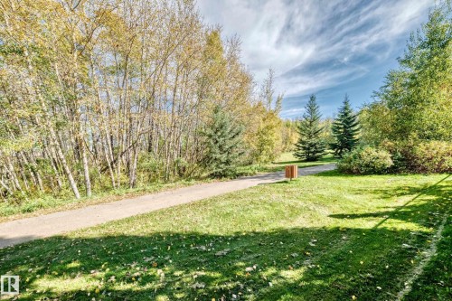Expansive green space featuring a paved pathway, mature deciduous trees, and evergreen trees - 21 Silverstone Drive, Stony Plain, AB 