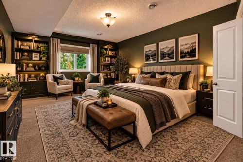 Built-in shelving with integrated lighting, window with exterior landscaping, upholstered headboard, paneled door, and recessed ceiling lighting - 21 Silverstone Drive, Stony Plain, AB 