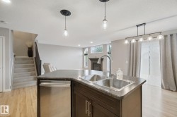 Kitchen island with dual stainless steel sink, stainless steel dishwasher, and dark wood-finish cabinetry - 