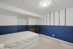 Recessed lighting fixture, acoustical panel ceiling, wood-finish desk, and carpet flooring - 