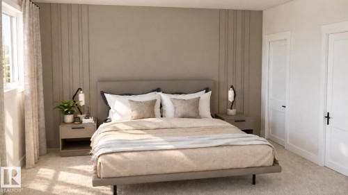 Textured accent wall, neutral tone carpeting, white panel doors, window with sheer drapery, and a contemporary bed frame with an upholstered headboard - 28 Brickyard View, Stony Plain, AB 