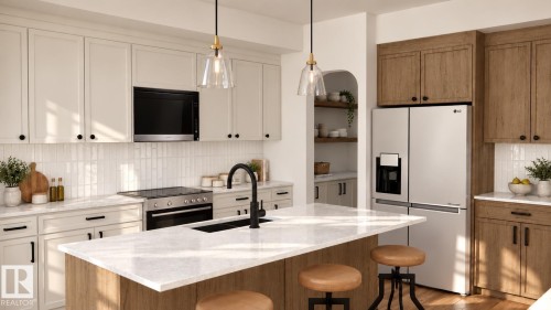 Kitchen featuring an island with a light-toned countertop, a black kitchen sink, and a black faucet - 30 Brickyard View, Stony Plain, AB 