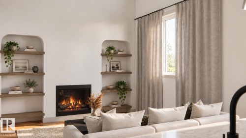 Built-in electric fireplace with a black trim, flanked by arched alcoves with wood-finish shelving - 30 Brickyard View, Stony Plain, AB 